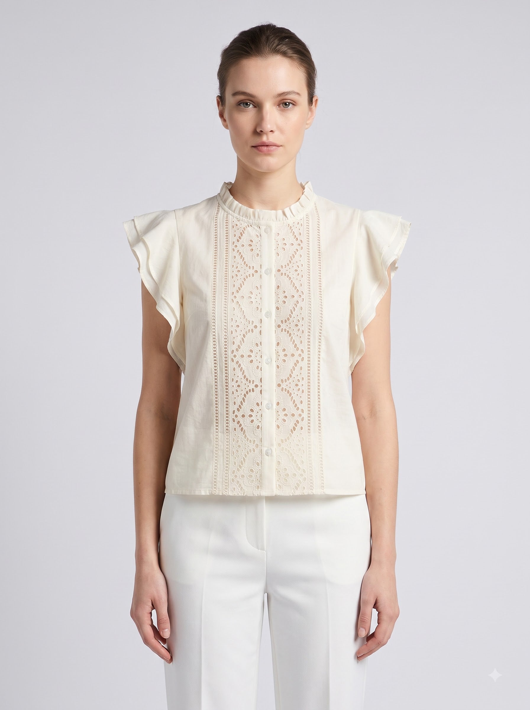 Women Cream Embroidered Ruffle Sleeve Regular Fit Top