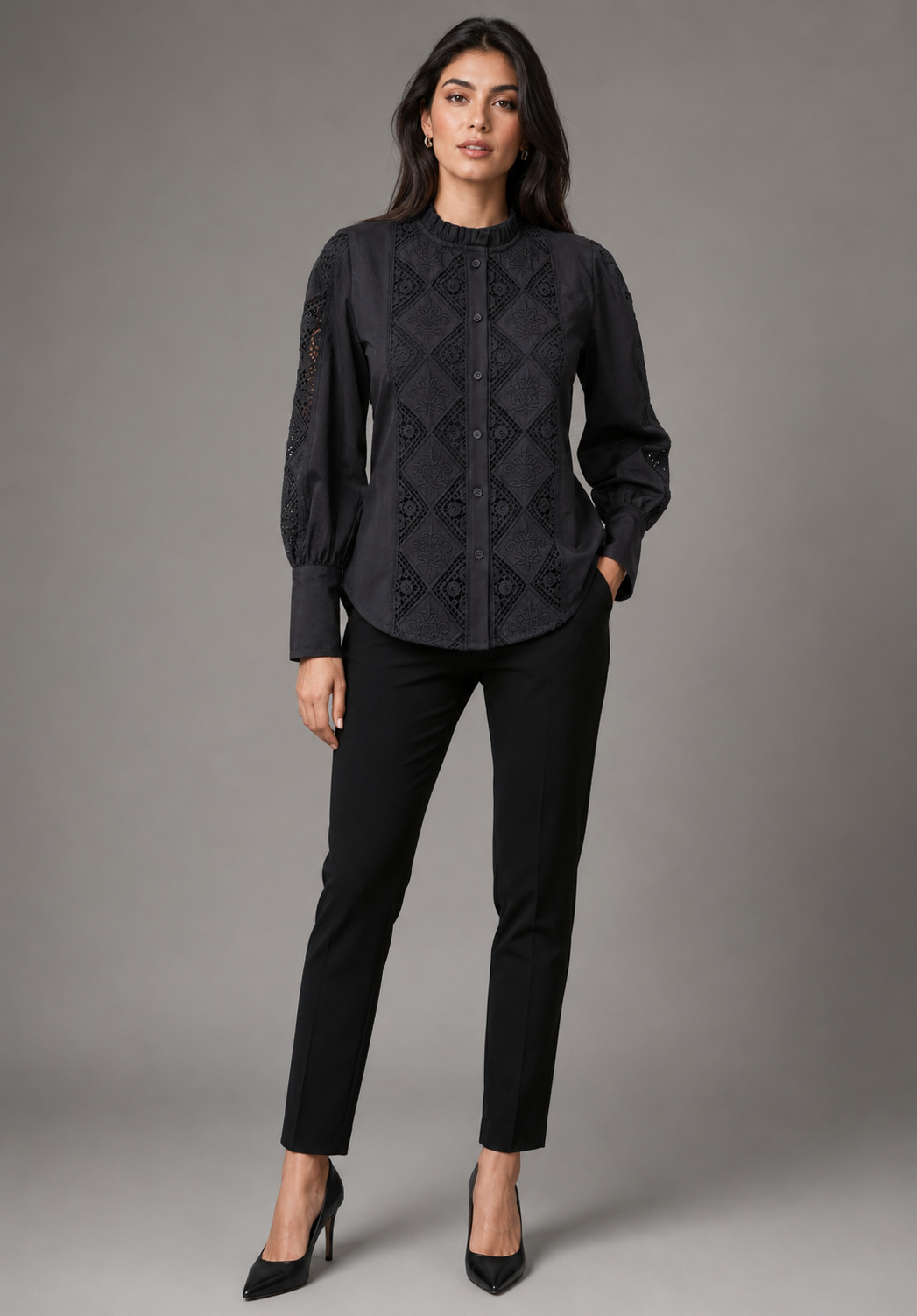 Women's Black Schiffli Embroidered Cotton Shirt