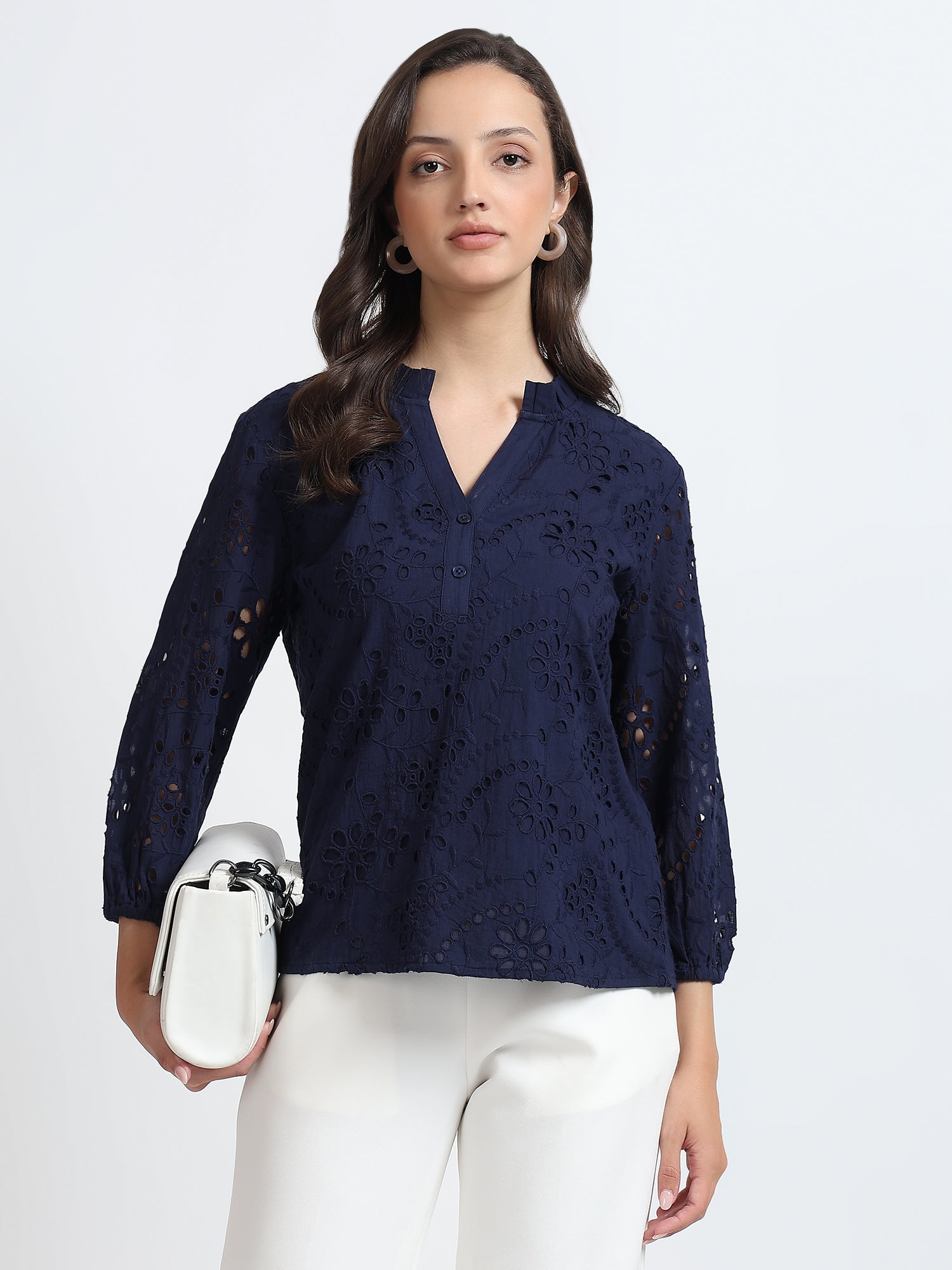 Women Navy Blue Schiffli Embroidery Notch Neck Top