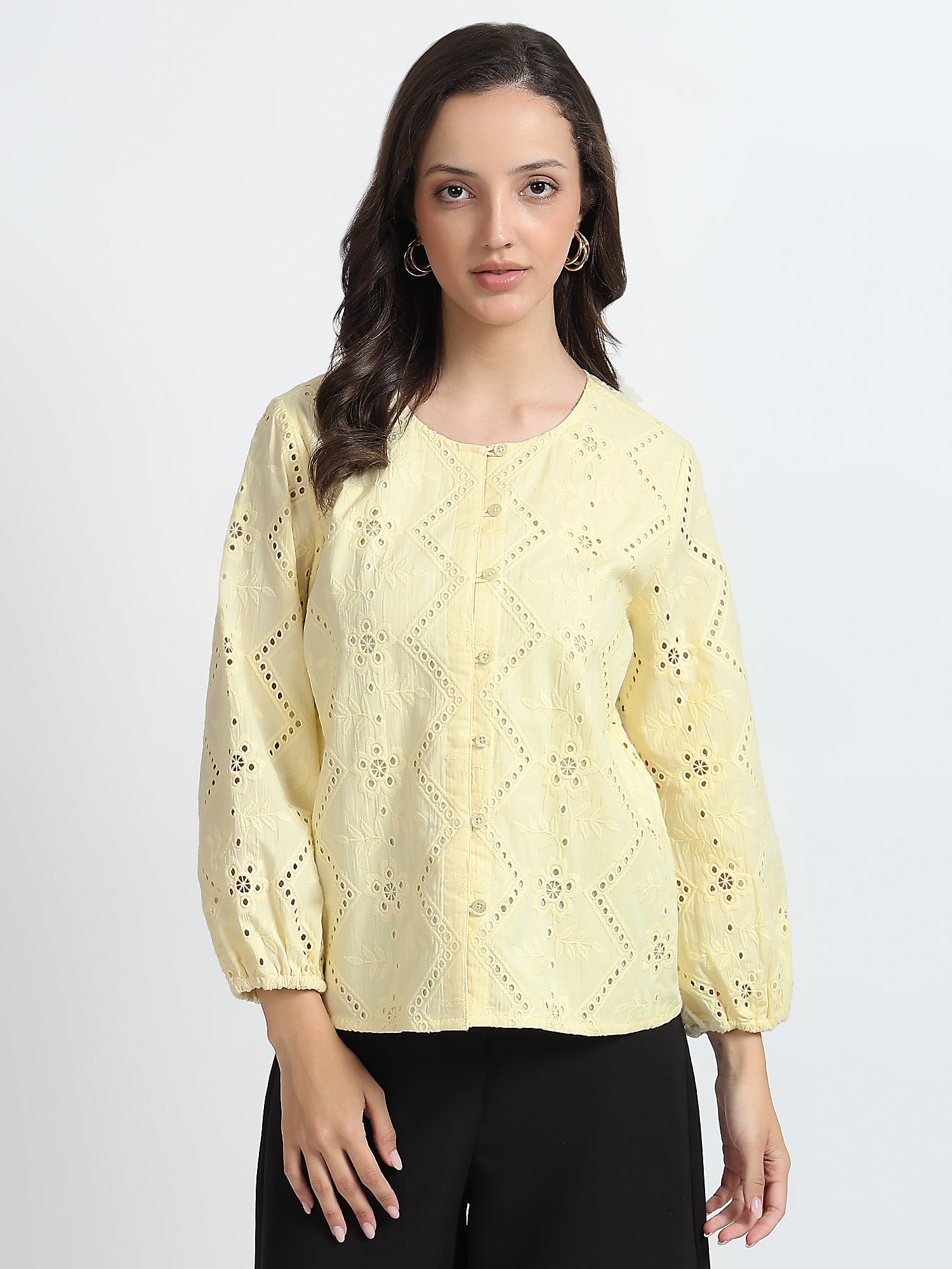 Women Light Yellow Schiffli Embroidery Balloon Sleeve Shirt