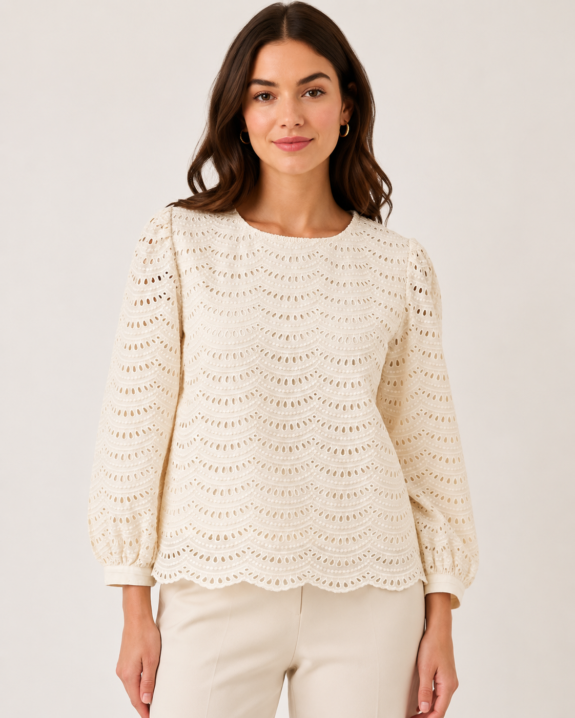 Cream Schiffli Embroidered Top with Puff Sleeves
