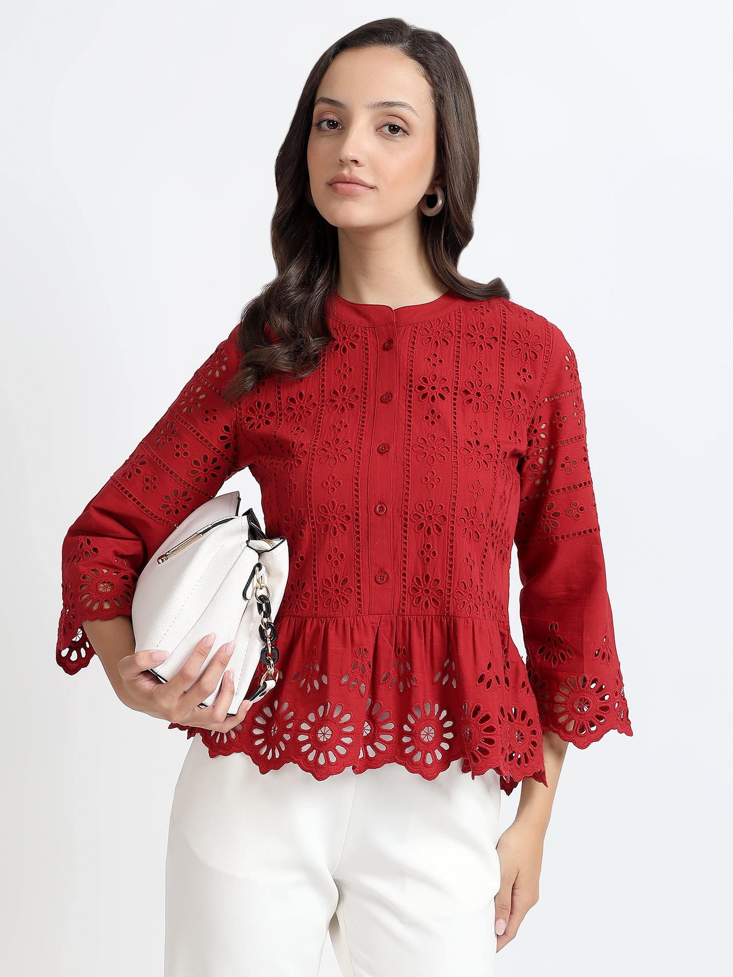 Women Red Schiffli Embroidery Peplum Top