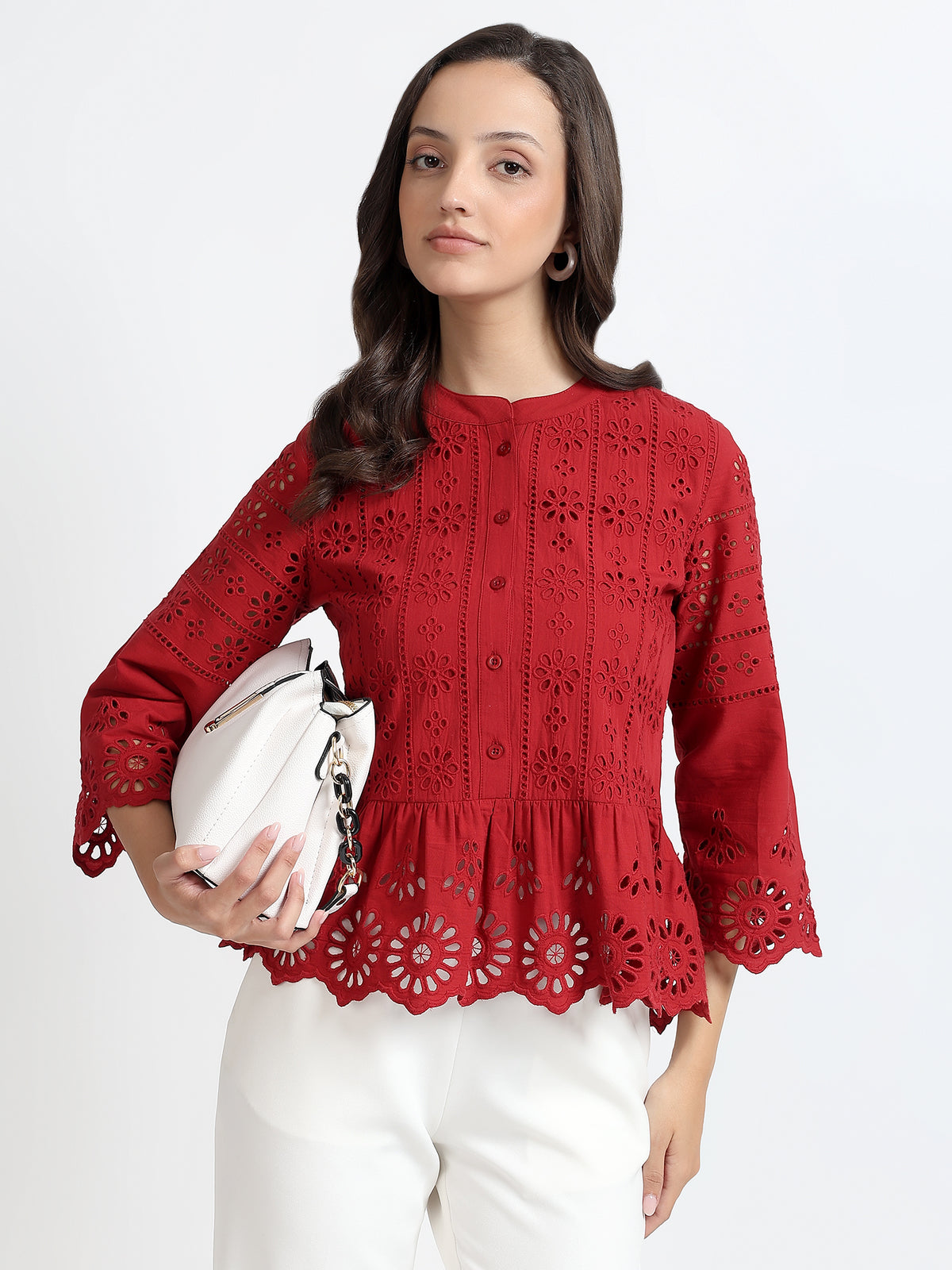 Women Red Schiffli Embroidery Peplum Top