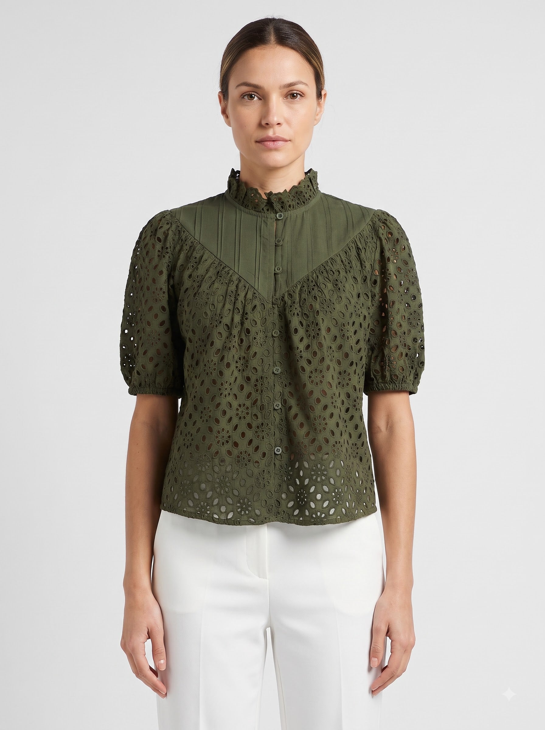 Women Peach/Olive Green Floral Schiffli Embroidered Regular Fit Top