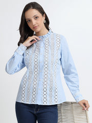 Women Sky Blue Lace Detail Ruffle Neck Shirt
