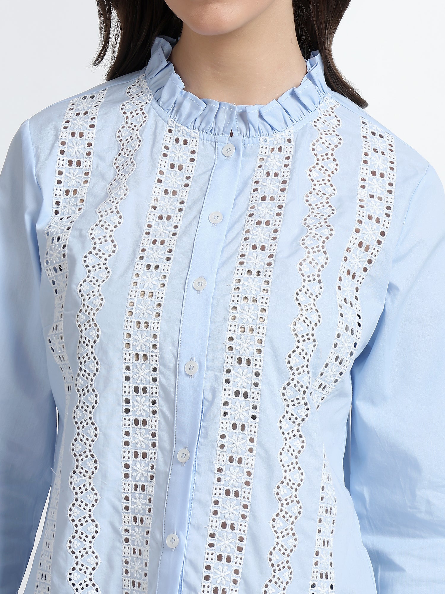 Women Sky Blue Lace Detail Ruffle Neck Shirt