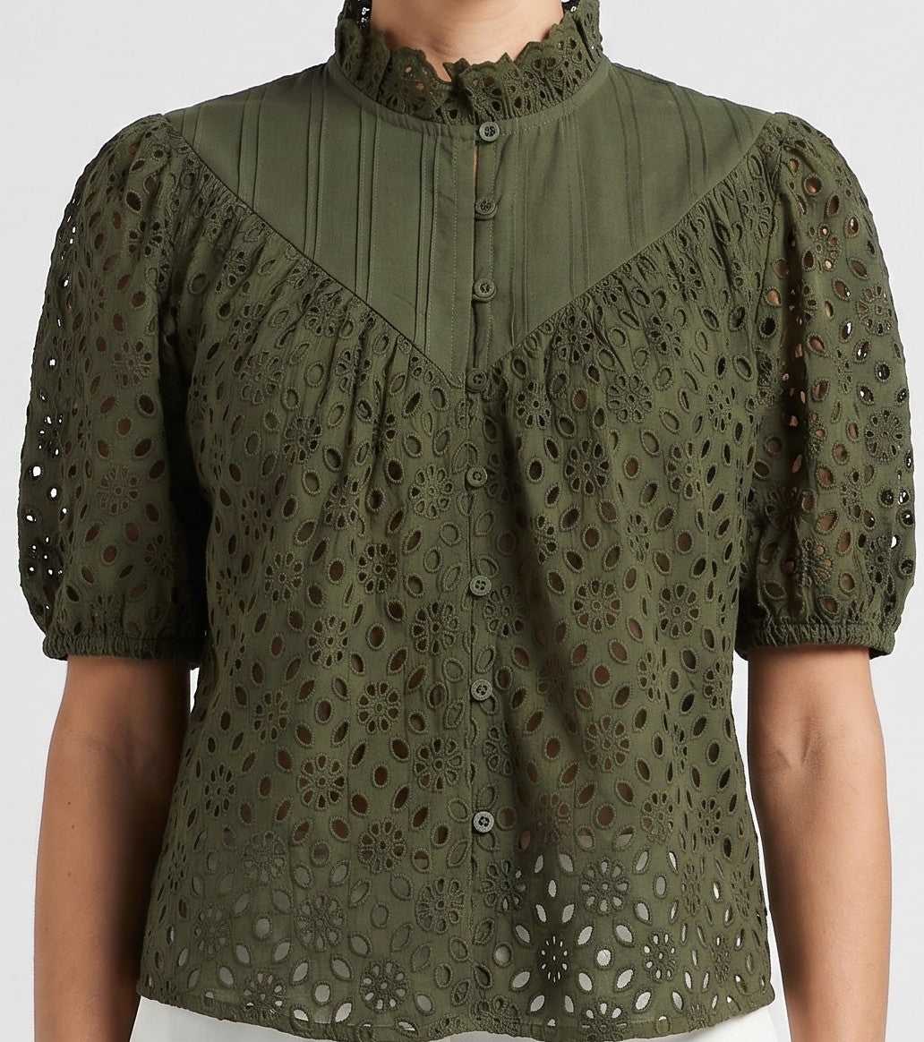 Women Peach/Olive Green Floral Schiffli Embroidered Regular Fit Top