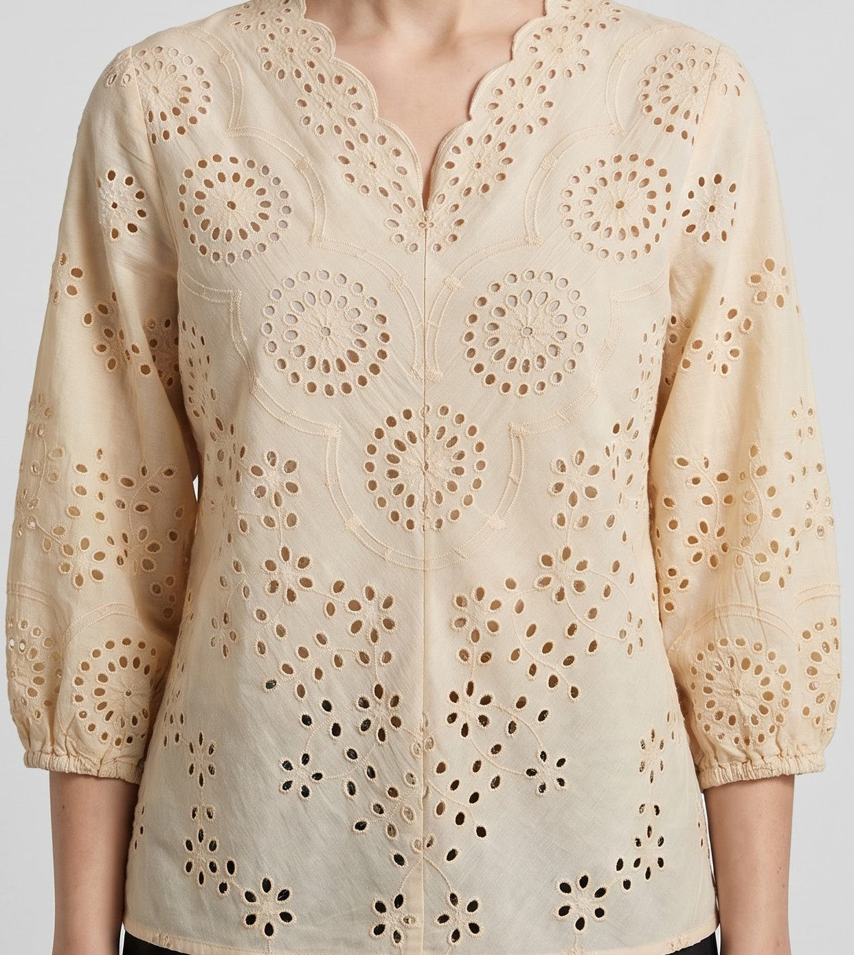 Women's Beige Schiffli Embroidered Cotton Top