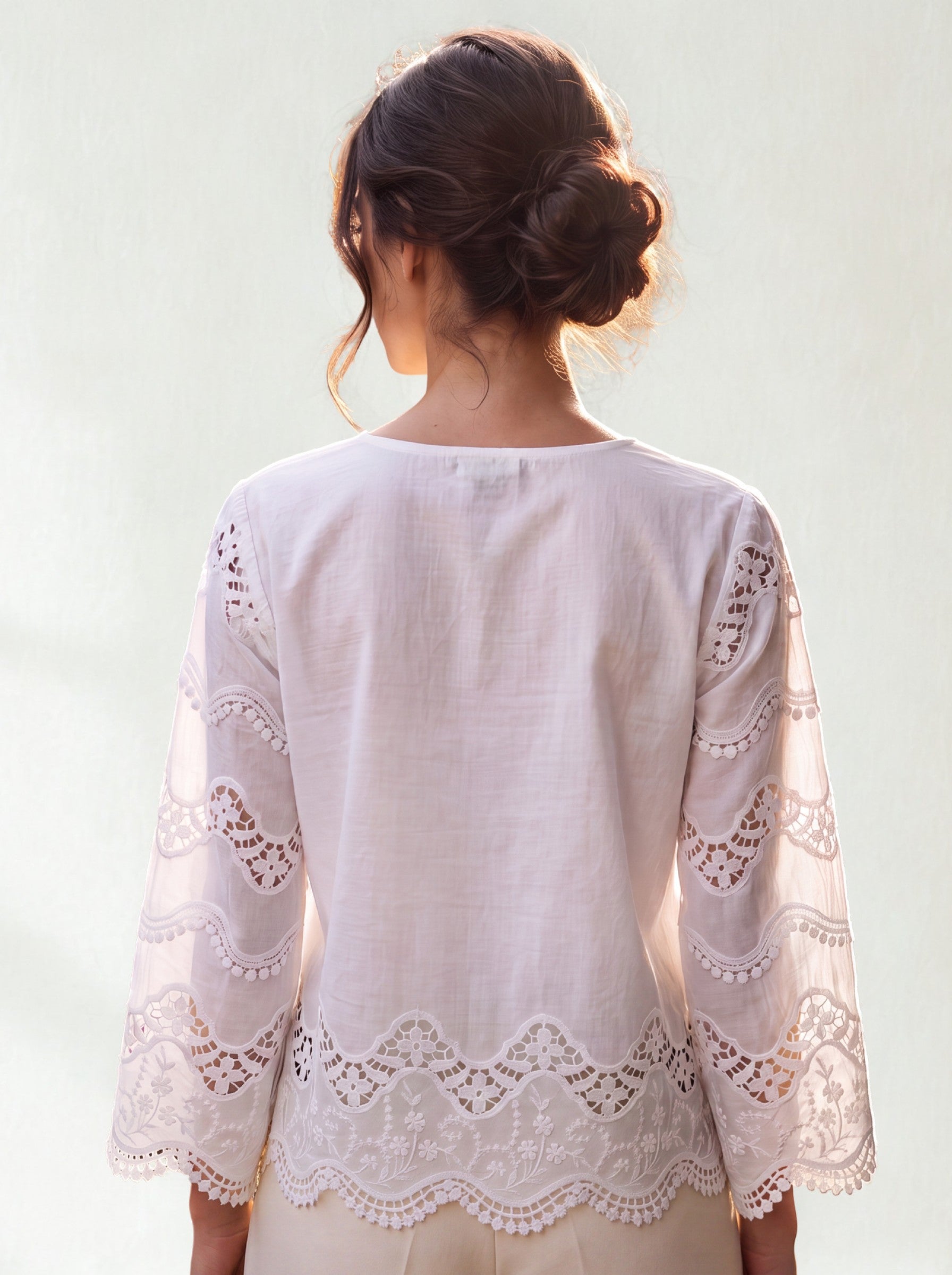 Women 3D White Floral Embroidered Cotton Top