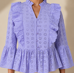 Embroidered Flared Sleeve Ruffles Cotton Peplum Purple Top