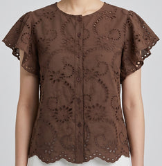 Women Brown Schiffli Embroidered Button-Down Top