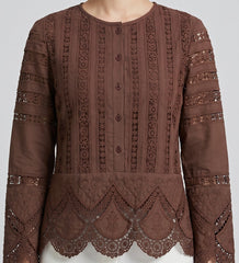 Women Brown Lace Embroidered Button-Front Top with Scalloped