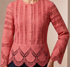 Dusty Pink Embroidered Lace Crop Top with Bell Sleeves