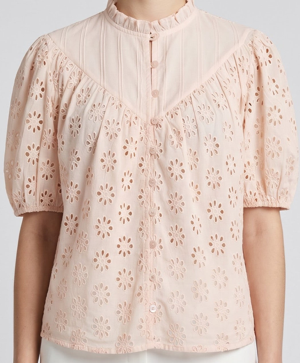 Women Peach/Olive Green Floral Schiffli Embroidered Regular Fit Top