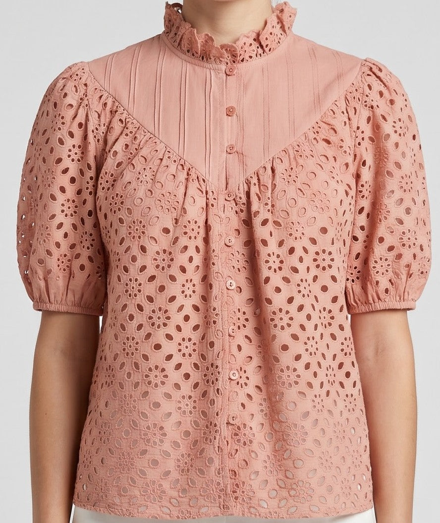 Women Peach Schiffli Embroidered High-Neck Top with Puff Sleeves