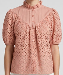 Women Peach Schiffli Embroidered High-Neck Top with Puff Sleeves