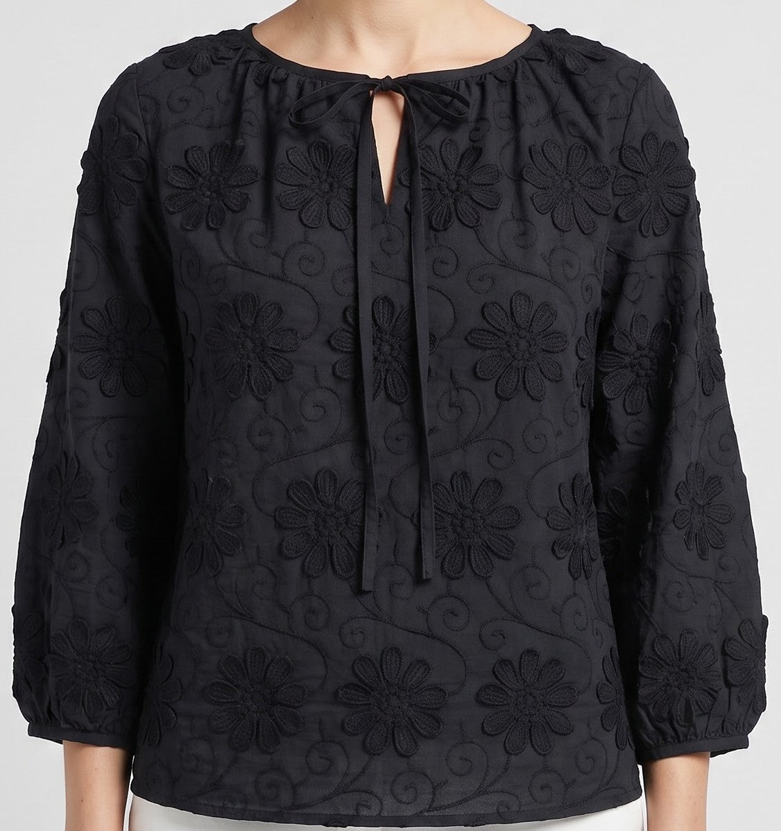 Women Black 3D Floral Embroidered Front tie-up Top