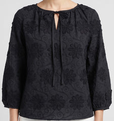 Women Black 3D Floral Embroidered Front tie-up Top