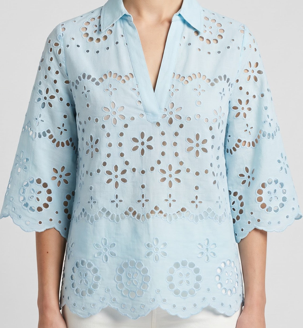 Women's Sky Blue Schiffli Embroidered Cotton Top