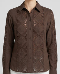 Women’s Coffee Brown Embroidered Cotton Shirt with Full Sleeves