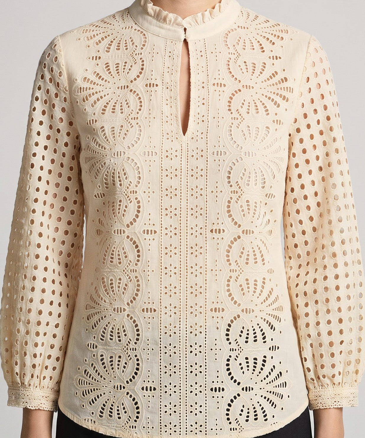 Women's Beige Schifley  Embroidered Cotton V Neck Top