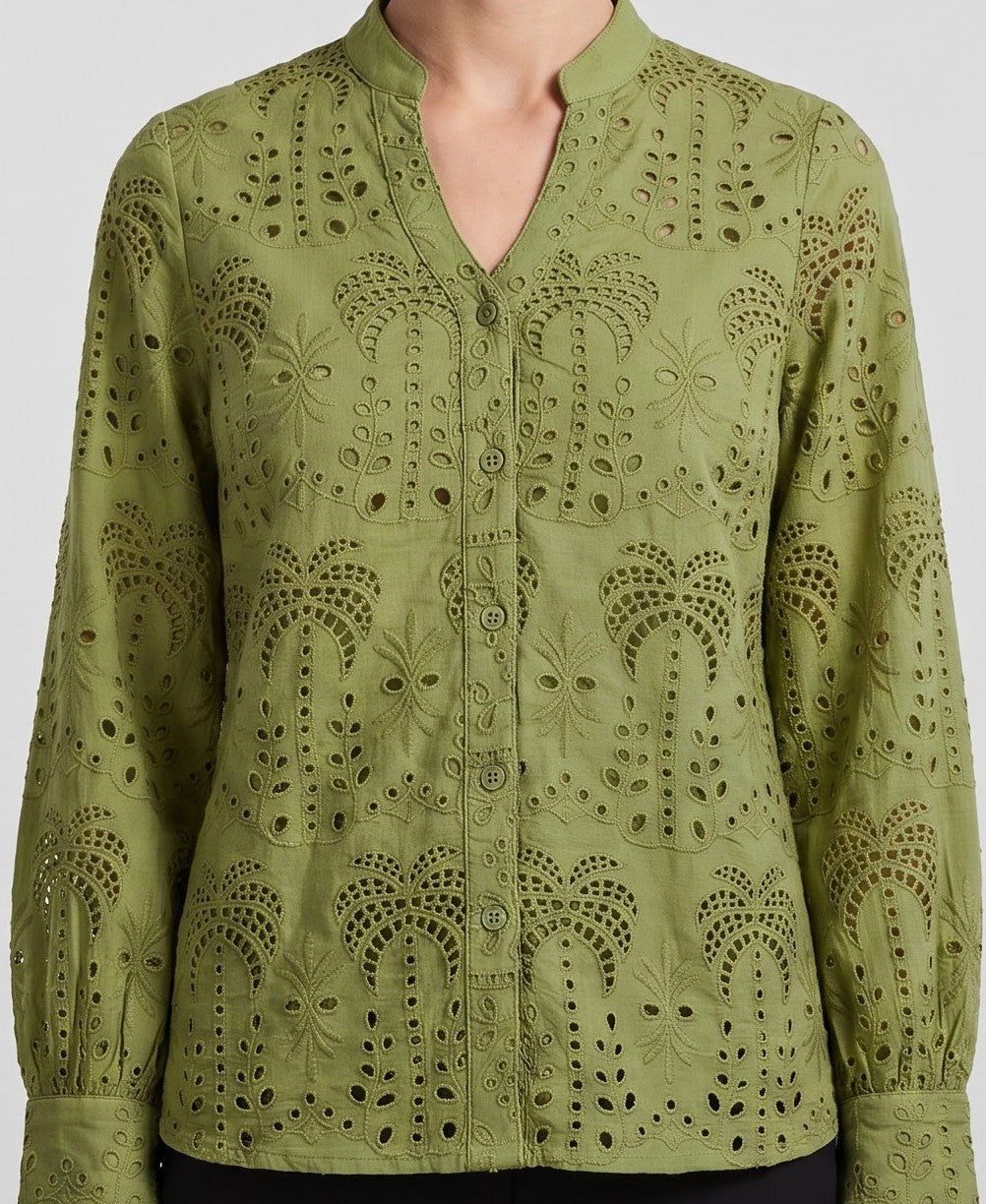 Women's Olive Green Schiffli Embroidered Cotton Top