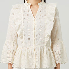 Women Cream Schiffli Embroidered Peplum Top with Ruffle Detail
