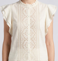 Women Cream Embroidered Ruffle Sleeve Regular Fit Top