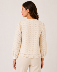 Cream Schiffli Embroidered Top with Puff Sleeves