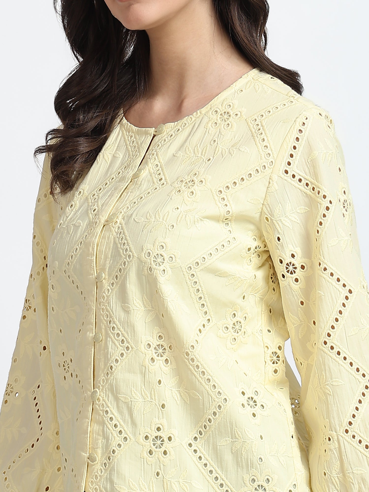 Women Light Yellow Schiffli Embroidery Balloon Sleeve Shirt