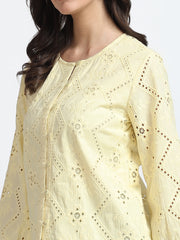 Women Light Yellow Schiffli Embroidery Balloon Sleeve Shirt