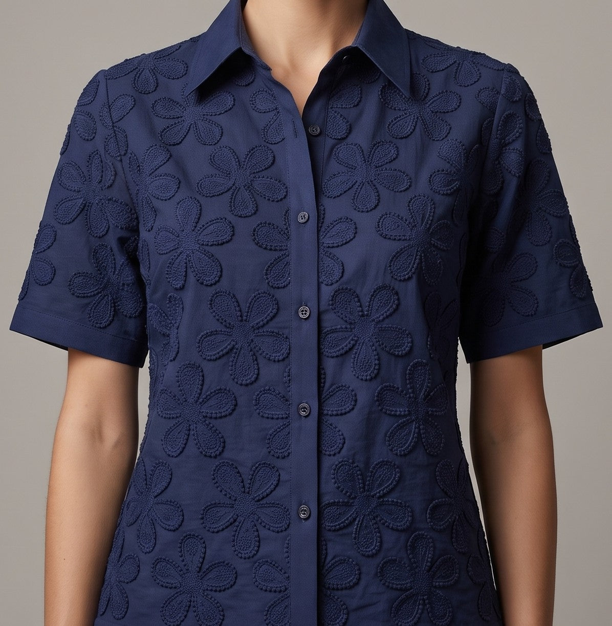 Women's Navy Blue Floral Schifley Embroidered Cotton Shirt