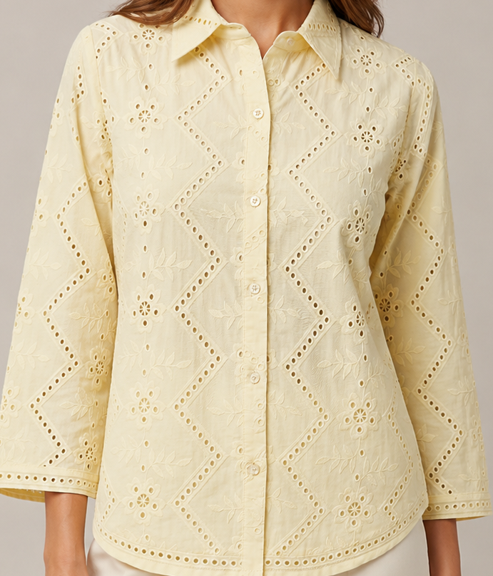 Women's Lemon Yellow Schifley Embroidered Cotton Shirt