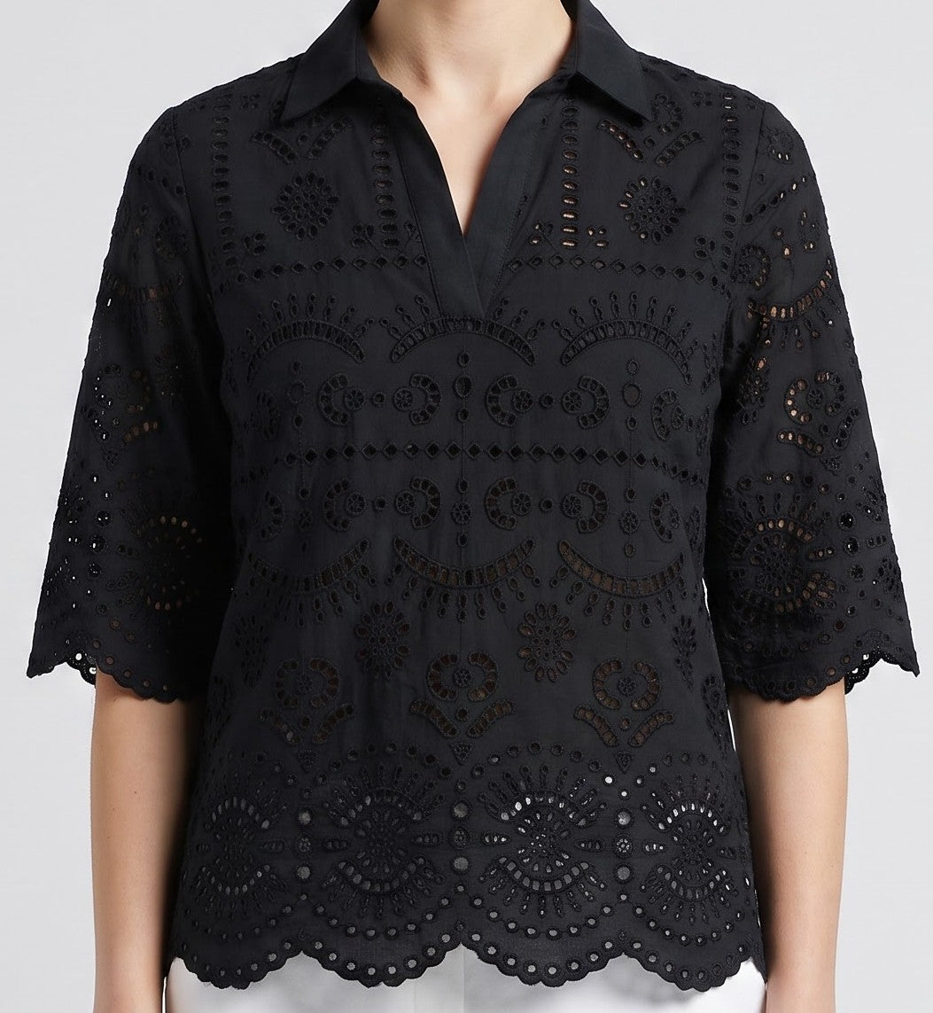 Women Black Schiffli Embroidered Regular Fit Top