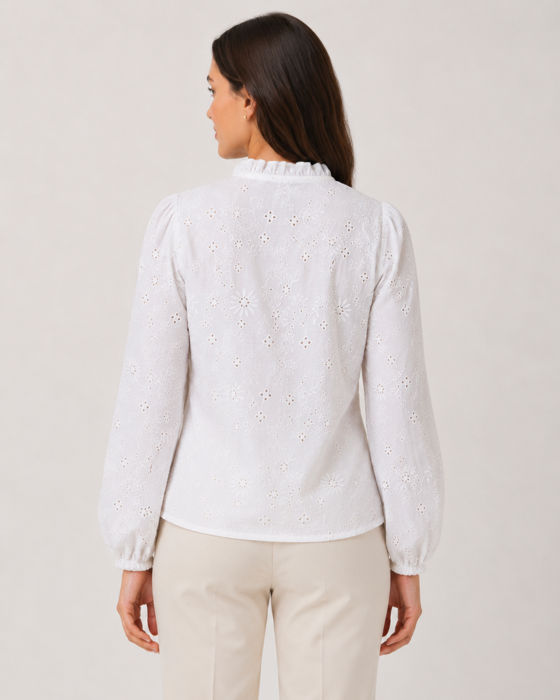 White Embroidered Tie-Up Crop Top with Ruffle Neck