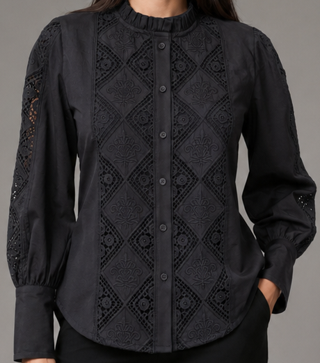 Women's Black Schiffli Embroidered Cotton Shirt