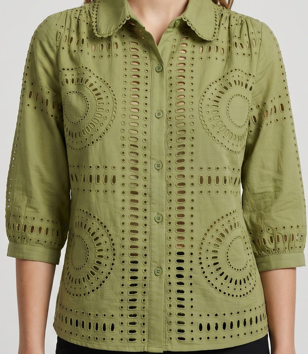 Women's Olive Green Schiffli Embroidered Cotton Shirt