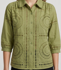 Women's Olive Green Schiffli Embroidered Cotton Shirt