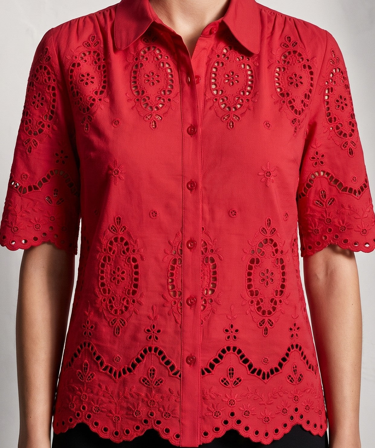 Women's Red Schifley Embroidered Cotton Half Sleeve Shirt