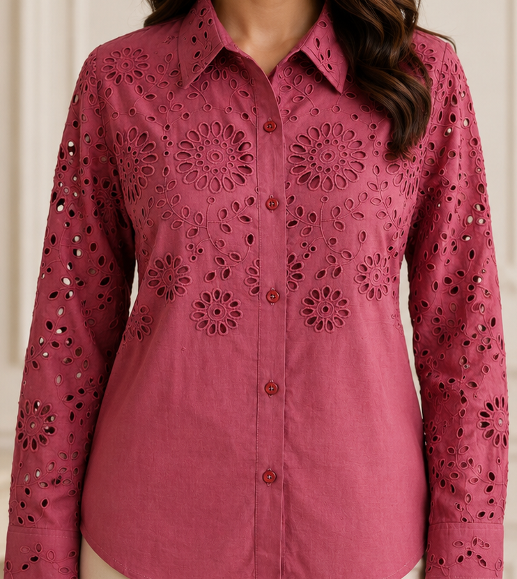 Women's Burgundy Schifley Embroidered Cotton Shirt