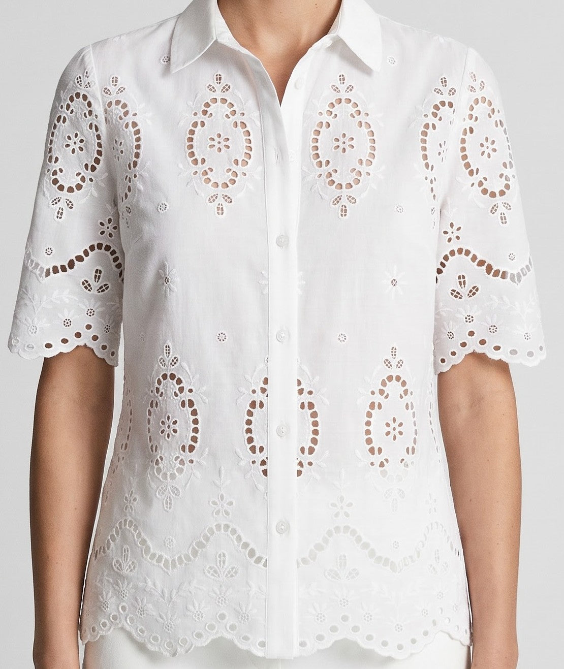 Women White Schiffli Embroidered Cotton Shirt with Scalloped