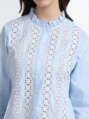 Women Sky Blue Lace Detail Ruffle Neck Shirt