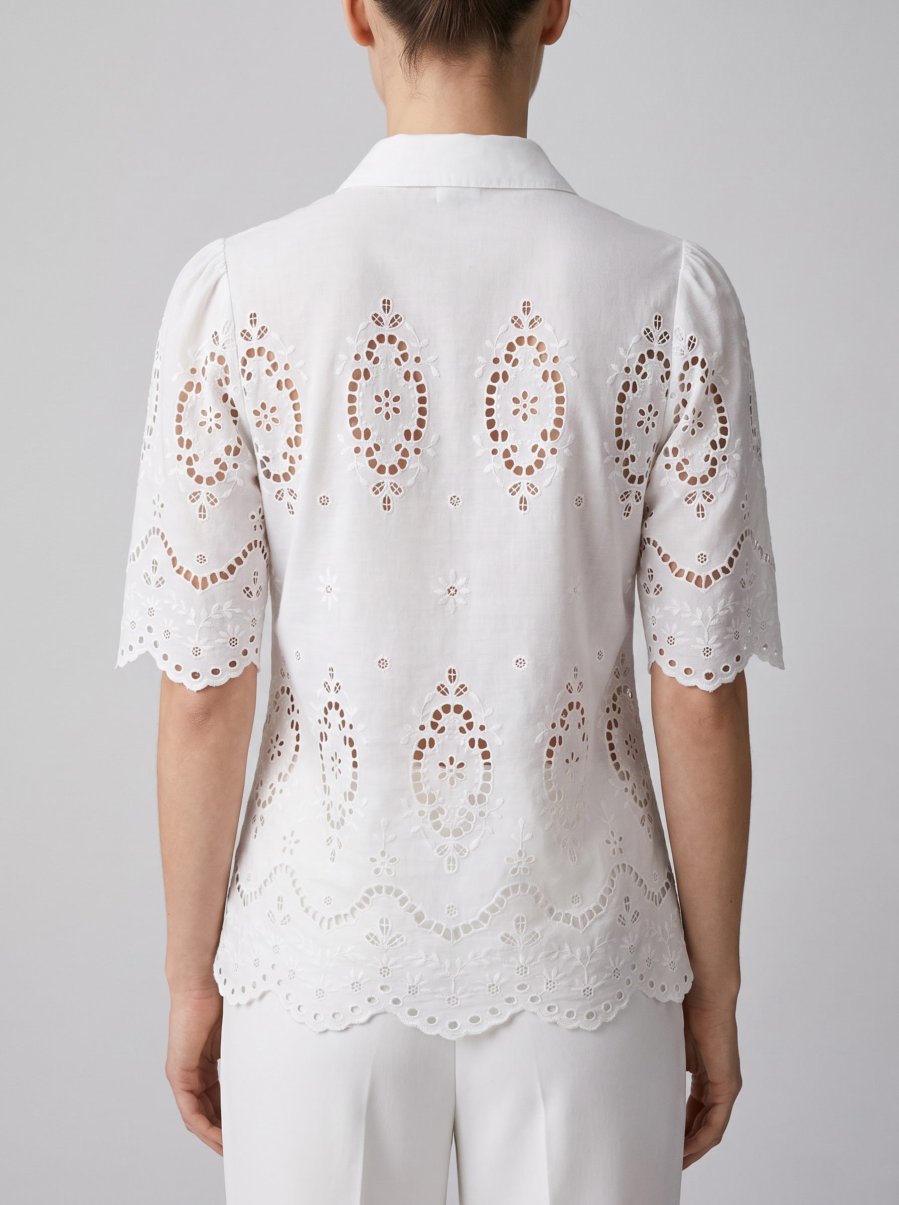 Women White Schiffli Embroidered Cotton Shirt with Scalloped