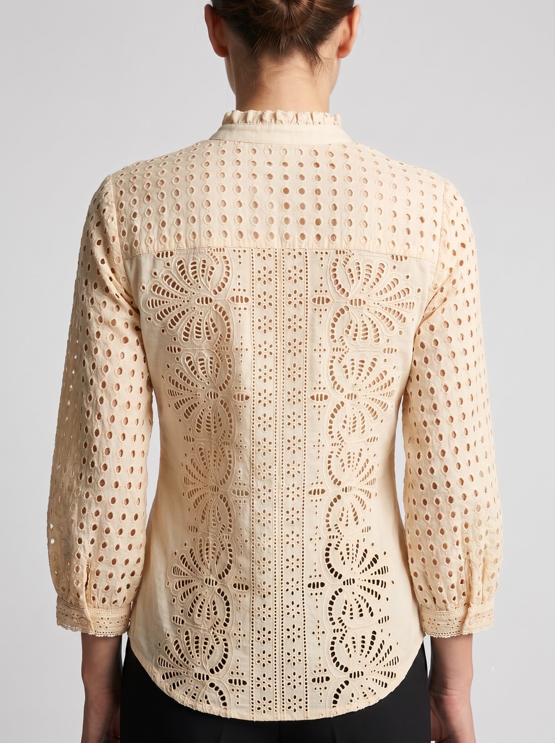 Women's Beige Schifley  Embroidered Cotton V Neck Top