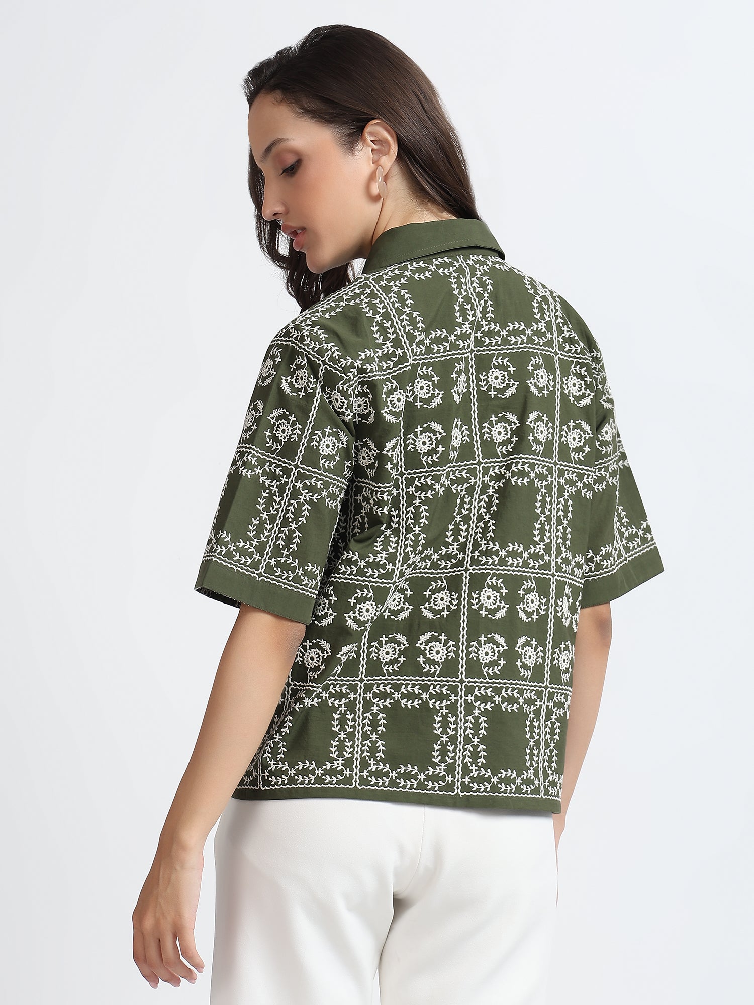 Women Olive Green Embroidered Short Sleeve Shirt
