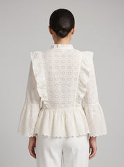 Women Cream Schiffli Embroidered Peplum Top with Ruffle Detail