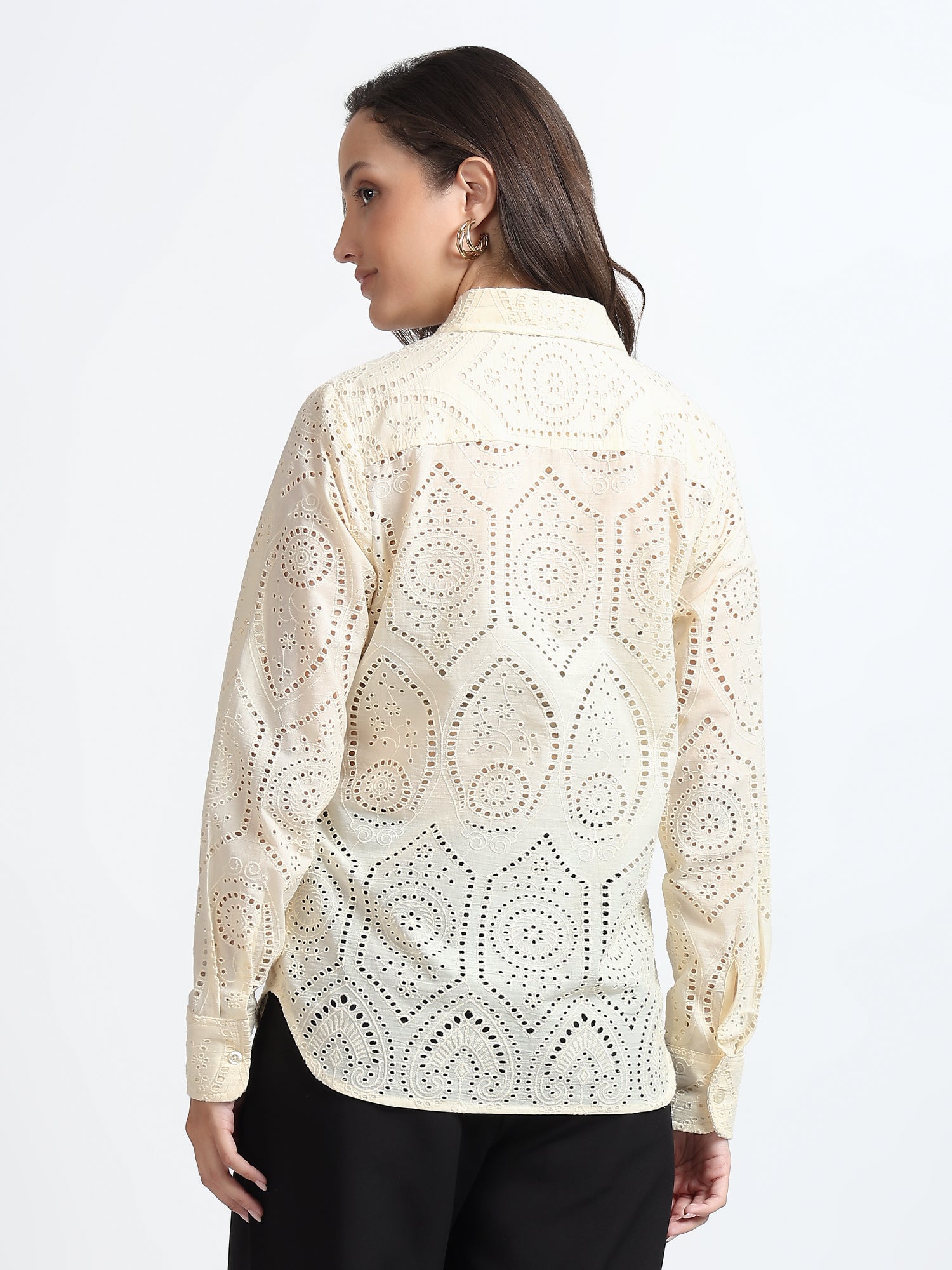 Women Cream Schiffli Embroidery Full Sleeve Shirt