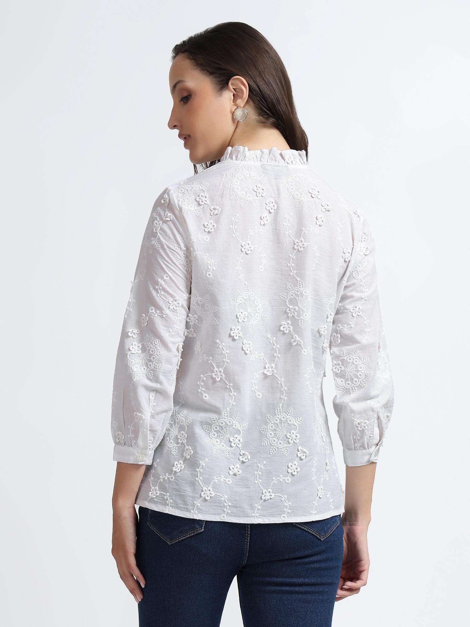 Women White Floral Embroidered Ruffle Neck Shirt