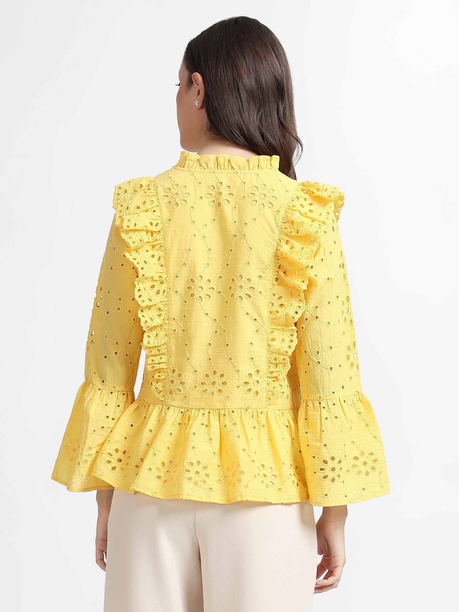 Women Yellow Schiffli Embroidery Peplum Top