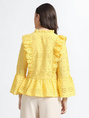 Women Yellow Schiffli Embroidery Peplum Top